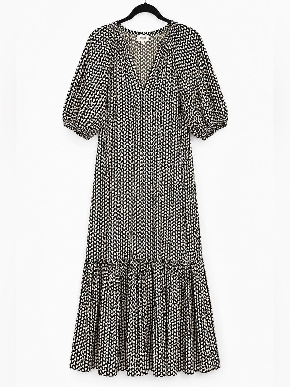 Seed Heritage Geo Twill Midi Dress Black Cream Puff Sleeve Pockets